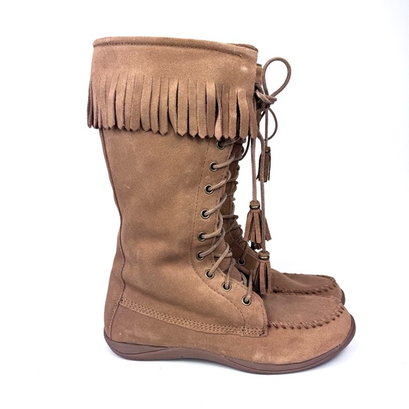 LL Bean tall suede tan moccasin boots shearling lined lace up w fringe. Sz 7.5 - Picture 3 of 14